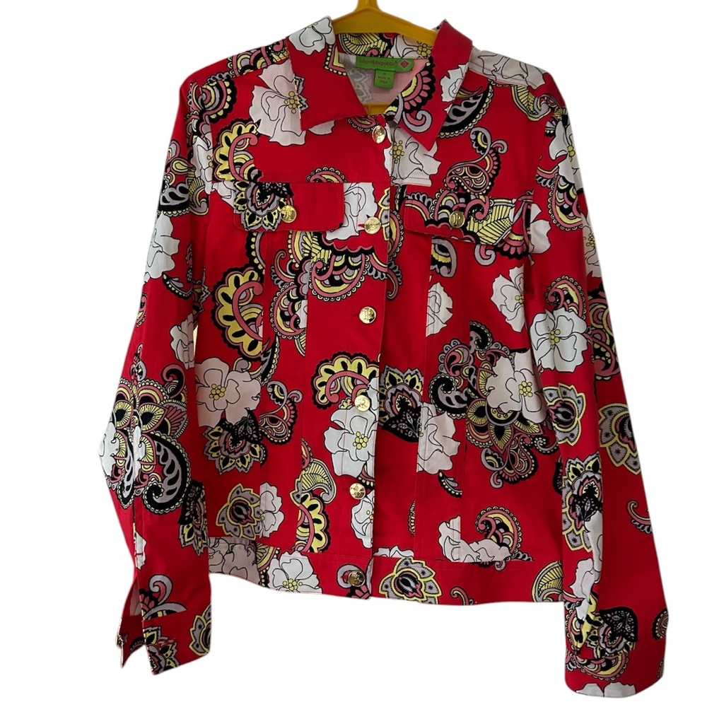 Red Print Jacket 8 Button Up Lightweight Artsy - image 1